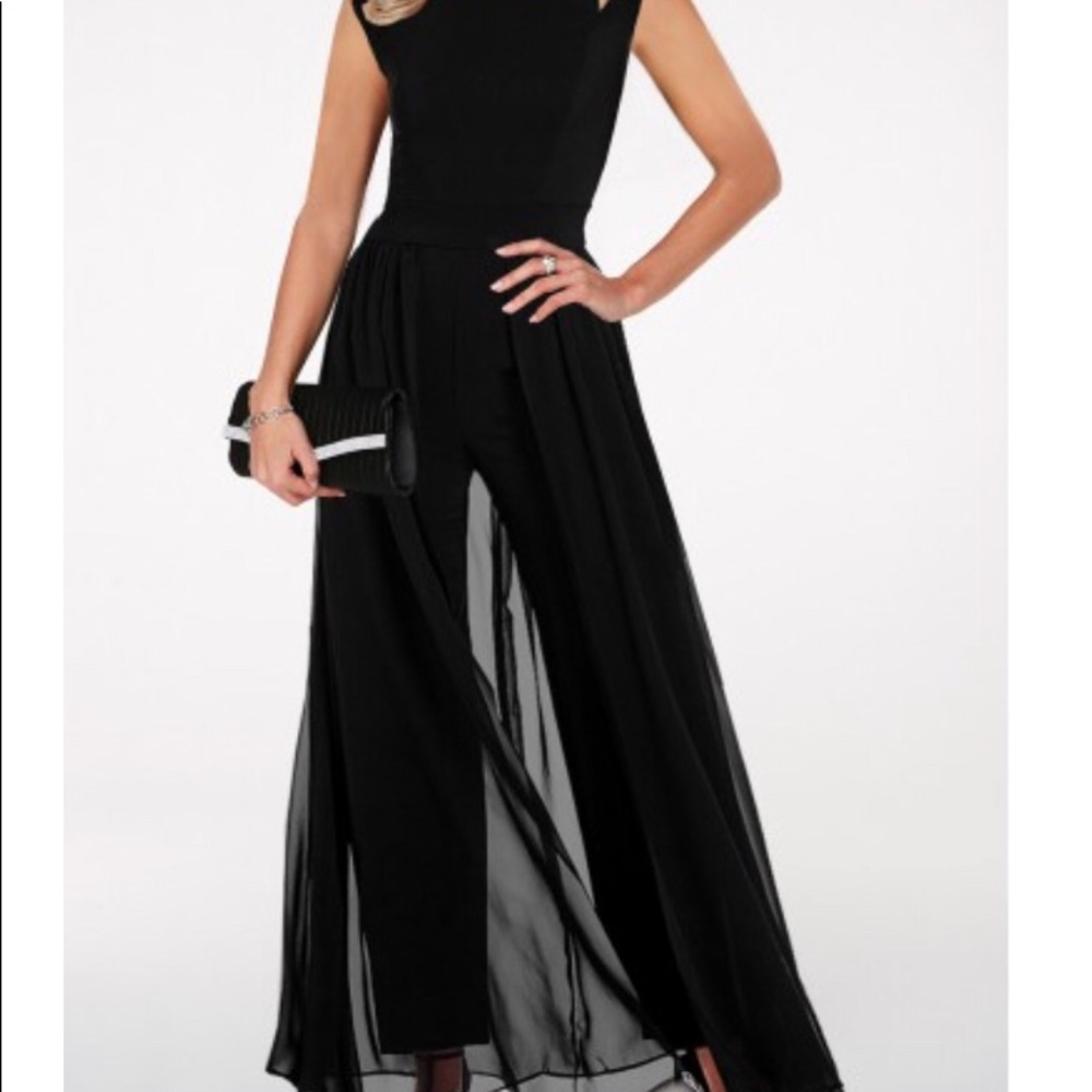 Round Neck High Waist Chiffon Black Jumpsuit